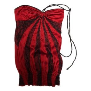 Bebe Rope Red With Black Lace Halter Top